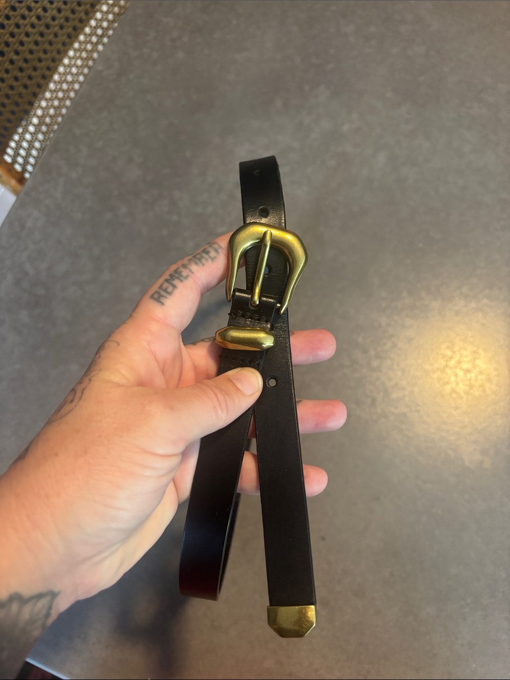 Anthropologie Black Leather Belt with Brass-Tone Buckle